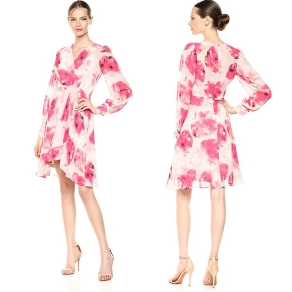 CALVIN KLEIN Women's Long Sleeved V-Neck Chiffon Faux Wrap Dress - Picture 1 of 4